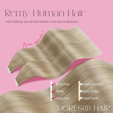 Moresoo Tape in Highlighted Hair Extensions Real Human Hair Ash Blonde Mix with Bleach Blonde Tape in Extensions Human Hair 20 Inch #P18/613 20pcs 50g - Image 2