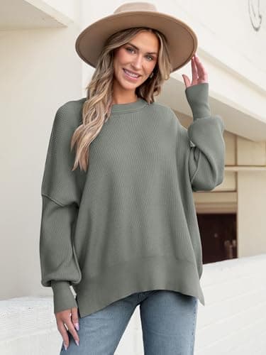 ANRABESS Women Oversized Sweaters Batwing Long Sleeve 2025 Fall Outfits Crewneck Casual Knit Side Slit Fashion Pullover Top Khaki Green Medium - Image 5
