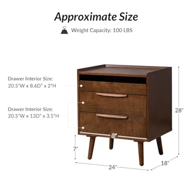 HULALA HOME 2 Drawer Nightstand with Charging Station, Mid-Century Modern Bedside Tables with Wood Legs, Wood Night Stand with Pull-Out Shelf Set of 2, Walnut - Image 2