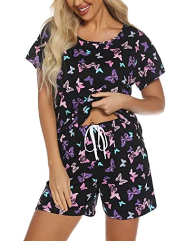 ENJOYNIGHT Womens Pajama Shorts Sets Cotton Pjs Summer Cute Sleepwear with Pockets (Large, Black Flying) - Image 1