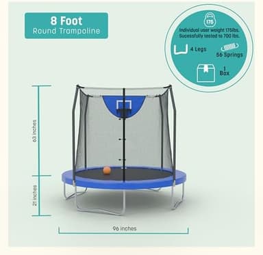 Skywalker Trampoline Outdoor 8 FT, 12 FT, 15 FT Jump N’ Dunk Round Outdoor Trampoline with Net, Trampoline Mat, and Basketball Hoop for Trampoline - Image 5