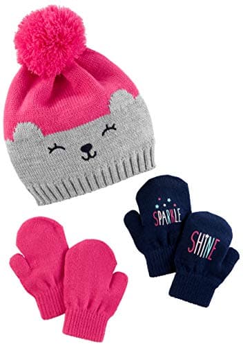 Simple Joys by Carter's Baby Hat and Mitten Set, Navy/Pink Bear, 12-24 Months - Image 1