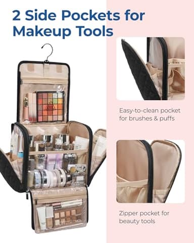 BAGSMART Hanging Travel Toiletry Bag, Large Capacity Water-resistant Cosmetic Organizer with Handle for Brushes Accessories, Black - Image 6