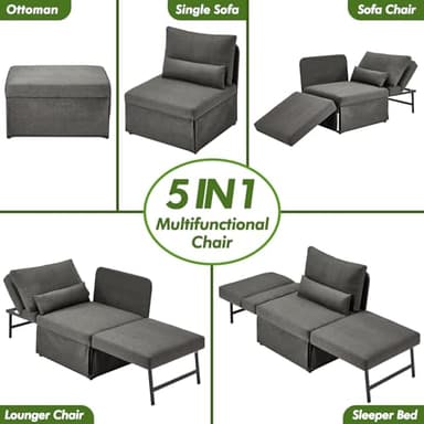 ZZW Sleeper Chair Bed Upgrade 4-in-1 to 5-in-1 Convertible Multi-fuction Sofa Chair w/Adjustable Backrest Assembly-Free Linen Folding Sofa Ottoman Bed for Living Room Apartment (Dark Grey) - Image 3