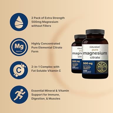 NatureBell 2 Pack Magnesium Citrate 500mg, 480 Capsules | 2-in-1 with Fat Soluble Vitamin C | Pure Elemental Form | Filler Free, Non-GMO, No Gluten - Image 3