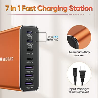 Aluminum Alloy USB C Charger GaN Charger Fast USB C Charging Station 7 Ports 65W Laptop for MacBook Pro/Air/iPad Pro/iPhone (Orange-4C3A) - Image 3
