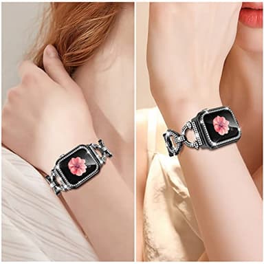 Mesime Compatible with Apple Watch Band 38mm 40mm 41mm 42mm 44mm 45mm , Women Girl Bling Diamond Jewelry Metal Strap Bands with Crystal Tempered Glass Screen Protector Case, Round Shiny Bracelet - Image 5