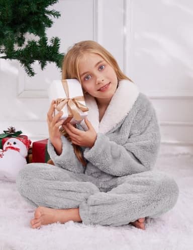 Gihuo Girls Fleece Pants Sets Fuzzy 2 Piece Outfits Lapel Collar Pullover Sweatshirt Set Sweatsuit 5-12Y (LightGrey, 7-8 Years) - Image 5