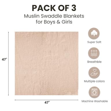 Konssy 3 Pack Muslin Swaddle Blankets for Unisex, Newborn Receiving Blanket, Large 47 x 47 inches, Soft Breathable Muslin Baby Swaddles for Boys & Girls - Image 3
