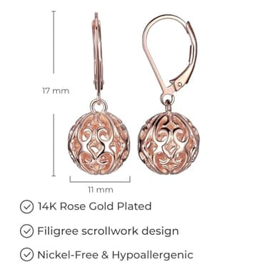 Amazon Essentials Rose 18K Gold Plated Sterling Silver Filigree Ball Leverback Earrings - Image 3