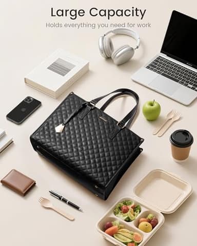 LOVEVOOK Lunch Tote Bag for Women, 15.6 Inch Laptop Bag with Insulated Lunch Compartment, Quilted Large Capacity Computer Handbag with Purse for Business, Work, Nurse, Office, Collage, Casual, Black - Image 9