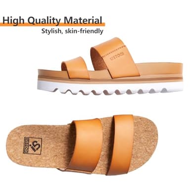 Ustogi Flatform Platform Sandals Women Arch Support Beach Slides Orthotic Summer Causal Cork Footbed Lightweight Thick Sole Comfortable Fashion Slip on Cushion Cute 2 Strap 01(6, Brown) - Image 3
