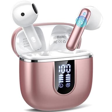Wireless Earbuds, 2025 Bluetooth 5.4 Headphones in Ear Buds, 40H HiFi Stereo Bluetooth Earbuds with 4 ENC Noise Cancelling Mics, IP7 Waterproof Mini Earphones with Dual LED Display USB C, Pink Gold - Image 1