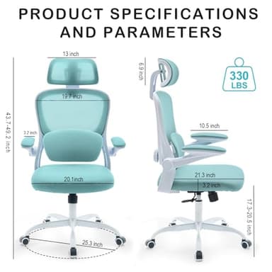 Estevo Ergonomic Office Chair with Tilt-Lock, Home Office Desk Chair with Auto Lumbar Support, High Back Mesh Desk Chair with Adjustable Headrest, Swivel Task Chair or Study Room Bedroom,Lake Blue - Image 3