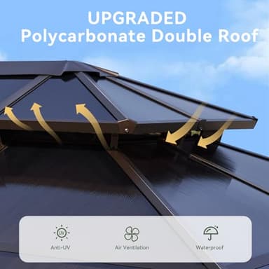 Aoxun 12'x20' Hardtop Gazebo, Aluminum Frame Permanent Pavilion with Curtains and Netting, Outdoor Polycarbonate Double Roof Canopy, Designed for Garden, Lawns, Patio - Image 3