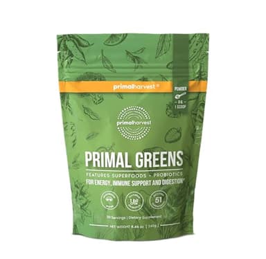 Primal Harvest Super Greens Powder, 30 Servings w/+50 Greens Superfood Chlorella, Probiotics, Green Tea, Wheatgrass, Kale, Turmeric for Energy,Primal Greens - Image 1