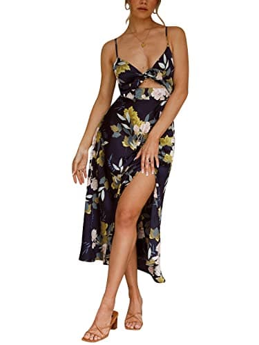 Fashionme Women Midi Satin Dresses Tie Front Backless Split Summer Casual Floral Tropical Hawaiian Flowy Slip Dress Sexy Sundresses Wedding Guest Beach Cocktail Vacation Graduation - Image 1