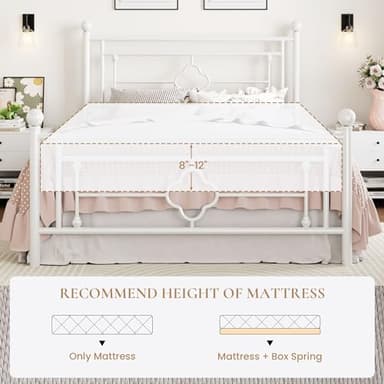 SHA CERLIN 14 Inches Queen Size Metal Platform Bed Frame/Vintage Iron-Art Headboard and Footboard/Mattress Foundation for Storage/No Box Spring Needed/Noise-Free/Easy Assembly/White - Image 7
