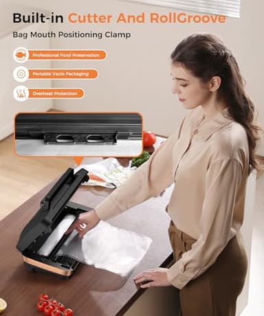 95kpa Vacuum Sealer Machine,Commercial Full Automatic Food Sealer,Powerful Sealing System with Double Heat Seal,Bags Storage,Easy-Lock Handle,Build-in Cutter,1 Bag Rolls and 10 pcs Pre-cut Bags（Black） - Image 7