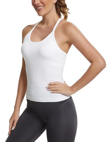 MathCat Seamless Workout Tank Tops with Built in Bra，Racerback Athletic Tank Tops Ribbed Soft Yoga Shirts White - Image 2