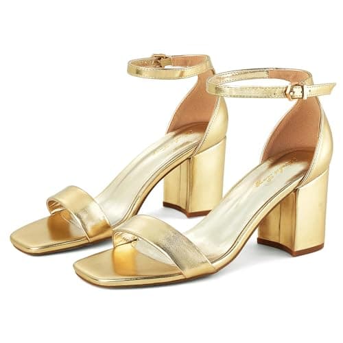 Elisabet Tang 2.36 inch Open Toe Ankle Strap Chunky Heels Pump Sandals Party Dress Sandals Daily Work Wedding Strappy Buckle Heels Sandals Shoes Gold Size 8 - Image 1