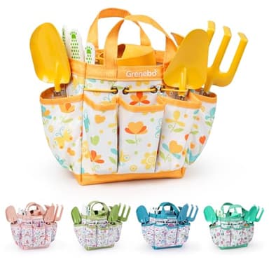 Grenebo Kids Gardening Set Toys,Includes Metal Trowel,Transplanting Shovel,Garden hat,Rake,Apron,Gloves,Watering Can,and Tool Organizer Bag (Yellow) - Image 1