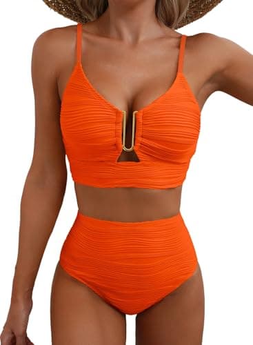 Herseas Womens Sexy U Wired Ruched Push Up 2 Piece Bikini Tummy Control High Waisted Cutout Adjustable Straps Swim Suits Orange Medium - Image 1