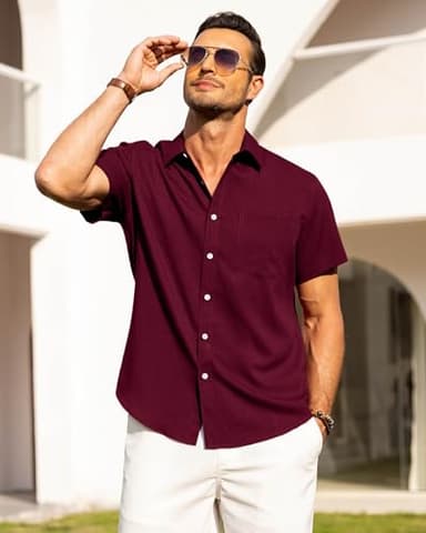 Alimens & Gentle Mens Linen Shirts Short Sleeve Button Down Shirts Wrinkle Free Casual Vacation Beach Summer Tops,Burgundy,L - Image 3