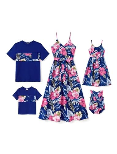 PATPAT Matching Family Vacation Outfits Mom and Daughter Outfits Tropical Floral Palm Leaf Print Spaghetti Strap Boho Belted Dresses Hawaiian Beach Navy Blue Floral Romper Dress Baby Girl 6-9 Months - Image 6