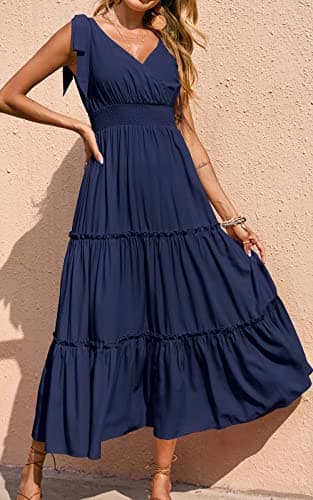 PRETTYGARDEN Women's Dress Spaghetti Strap Shoulder Knot Wrap Neck Summer Dresses Ruffle Hem Smocked High Waist Sleeveless Tiered Maxi Dress (Navy,Large) - Image 3