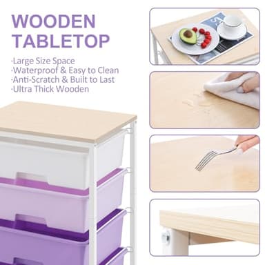 Utility Cart with 4 Drawers,Rolling Storage Cart with Drawers,Storage Rolling Drawer Cart with Wooden Tabletop for Bedroom,Kid's Room,Dorm,Classroom,Office, Purple - Image 5