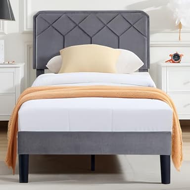 VECELO Twin Size Bed Frame, Velvet Upholstered Platform with Adjustable Headboard, Mattress Foundation with Solid Wood Slats, No Box Spring Needed, Easy Assembly - Image 1