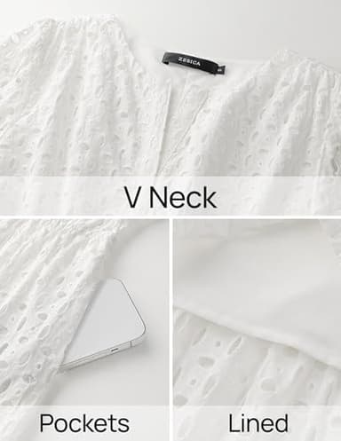 ZESICA Women's 2025 Summer Short Sleeve Maxi Dress Casual V Neck Hollow Out Eyelet Ruffle Swing A Line Long Dresses,White,Medium - Image 6