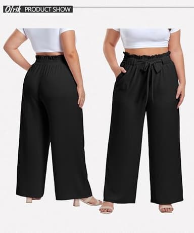 OLRIK Plus Size Teacher Outfits for Women, Elastic High-Waist Wide-Leg Pants with Pocket Black-3X - Image 2