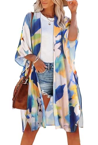 Women's Summer Kimono Beach Coverups Casual Loose Swimsuit Cardigans for Swimwear(Blue Yellow Flower,XL) - Image 1