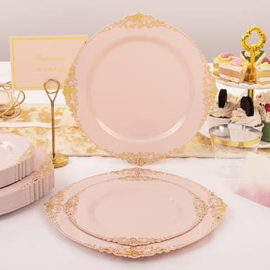 Nervure 175PCS Pink Plastic Plates - Disposable Pink Gold Party Plates & Pre Rolled Napkins with Cutlery for 25 Guests, 50Plates, 75Silverware, 25Cups, 25Napkin for Wedding & Party - Image 4