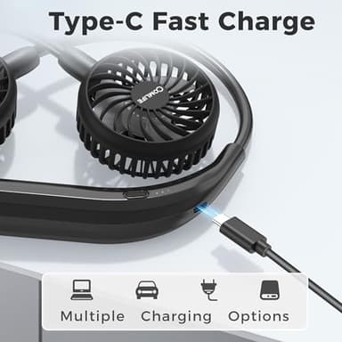 Portable Neck Fan, 2600mAh Battery Operated Ultra Quiet Hands Free USB Fan with Strong Wind, 360° Adjustable High Flexibility Wearable Personal Fan for Home Office Outdoor Travel (Black) - Image 5