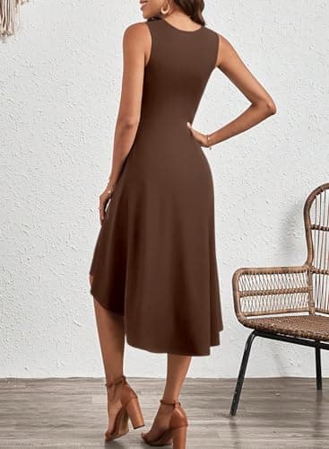 Happy Sailed Midi Dresses for Women Date Night Summer Sleeveless Empire Ruched Waisted Slim Fit Irregular Hem Flared A-Line High Low Cocktail Party Dress Fashion 2025 Brown X-Large - Image 4