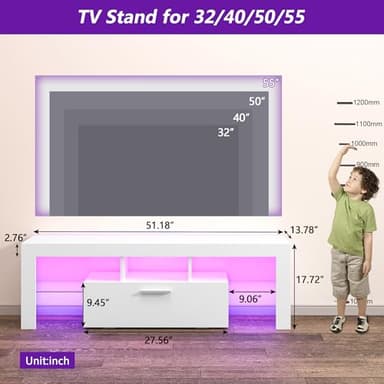 Clikuutory Modern Lighting 51 inch TV Stand with Large Storage Drawer for 32 40 50 55 Inch TVs, TV Console with 20 Color LED Lights, Entertainment Center Media and Open Shelf for Bedroom, White - Image 6