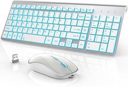 J JOYACCESS Wireless Keyboard and Mouse Combo with 7 Backlit Options,Quiet Light Up Keys,Type-C Rechargeable,Sleep Mode-2.4G Slient Portable Cordless Combo for Laptop/PC/Computer/Mac(White+Sliver) - Image 1