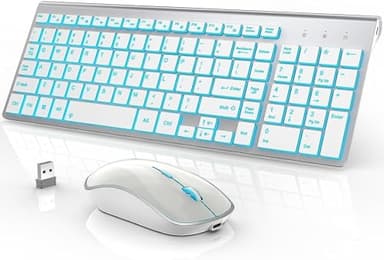 J JOYACCESS Wireless Keyboard and Mouse Combo with 7 Backlit Options,Quiet Light Up Keys,Type-C Rechargeable,Sleep Mode-2.4G Slient Portable Cordless Combo for Laptop/PC/Computer/Mac(White+Sliver) - Image 1