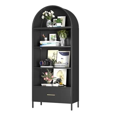 VEXPOR 73 in Tall Metal Arched Cabinet, 4-Tier Arched Bookcase with Drawer, Modern Farmhouse Bookshelf with 2 Adjustable Shelves, Kitchen Pantry Cabinet for Living Room, Black, Assembly Required - Image 3
