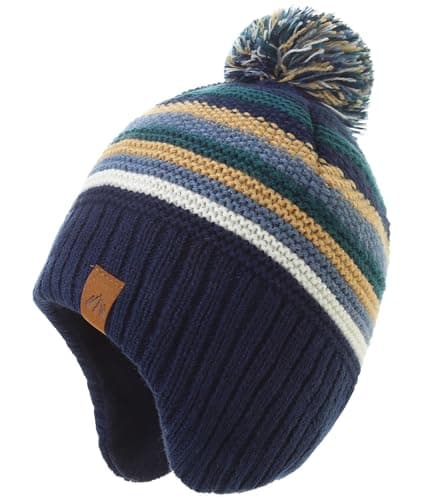 Moon Kitty Winter Hat for Toddler Boy with Ear Flaps - Soft Fleece Lined Baby Beanies Warm Pom Pom Hat for Boys & Girls - Image 1