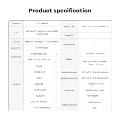 Beelink SER5 Mini Pc,AMD Ryzen 5 5500U (6 C / 12T,up to 4.0 GHz),Mini Computer with 16 GB DDR4 / 500 GB NVMe SSD,Support Triple Screen Display, WiFi 6, BT 5.2,Type-C, 2.5G LAN,Win 11 Pro - Image 9