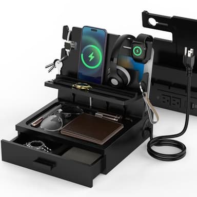 Nightstand Organizer with Charging Station, Wood Docking Station with USB Ports and Outlets, Gifts for Men, Bedside Holder with Drawer for Kindle,Phone,Key, Watch & Accessories (Classic Black) - Image 1