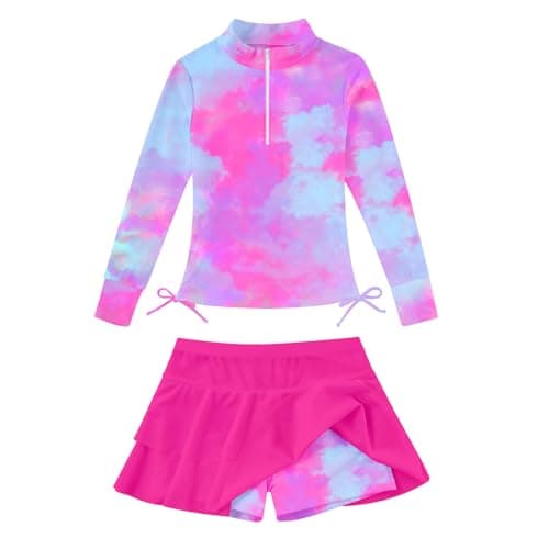 Rash Guard for Little Girls 3-4 Years Old Swimsuit 2 Pieces Tankini Tie Dye Bikini Girls' Pink Swimwear 3t 4t Toddler Girl Rashguard Long Sleeve Beach Suit Stretch Half Zipper Bathing Suits for Kids - Image 1