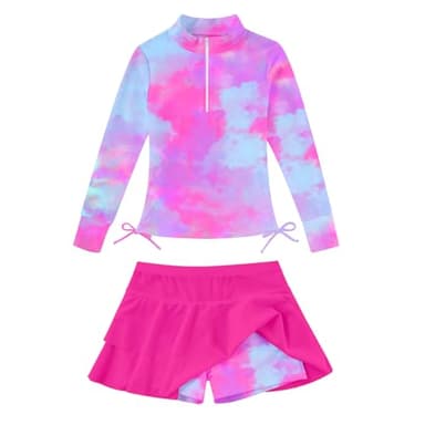 Rash Guard for Little Girls 3-4 Years Old Swimsuit 2 Pieces Tankini Tie Dye Bikini Girls' Pink Swimwear 3t 4t Toddler Girl Rashguard Long Sleeve Beach Suit Stretch Half Zipper Bathing Suits for Kids - Image 1
