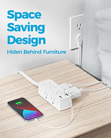 Power Strip Surge Protector, Olcorife Ultra Thin Flat Plug Extension Cord 5ft, 6 Outlets 3 USB Ports(1 USB C), 3 Sided Outlet Extender for Home Office Travel Dorm Room Essentials, White - Image 4