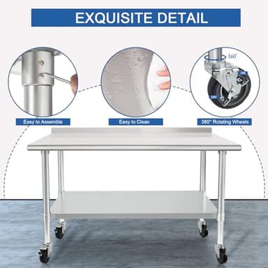 HARDURA Stainless Steel Table 30 x 48 Inches with Wheels Casters NSF Heavy Duty Commercial Prep Table with 2” Backsplash and Adjustable Undershelf for Restaurant Kitchen Home and Hotel - Image 4