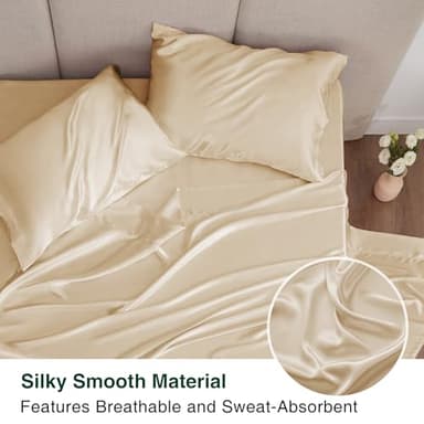 Love's cabin Full Size Satin Sheet Sets - 4 Piece Beige Silky Sheet Set with Deep Pocket, Luxury Silk Feel Satin Sheets Full Bedding Set (1 Flat Sheet,1 Fitted Sheet,2 Pillow Cases) - Image 4